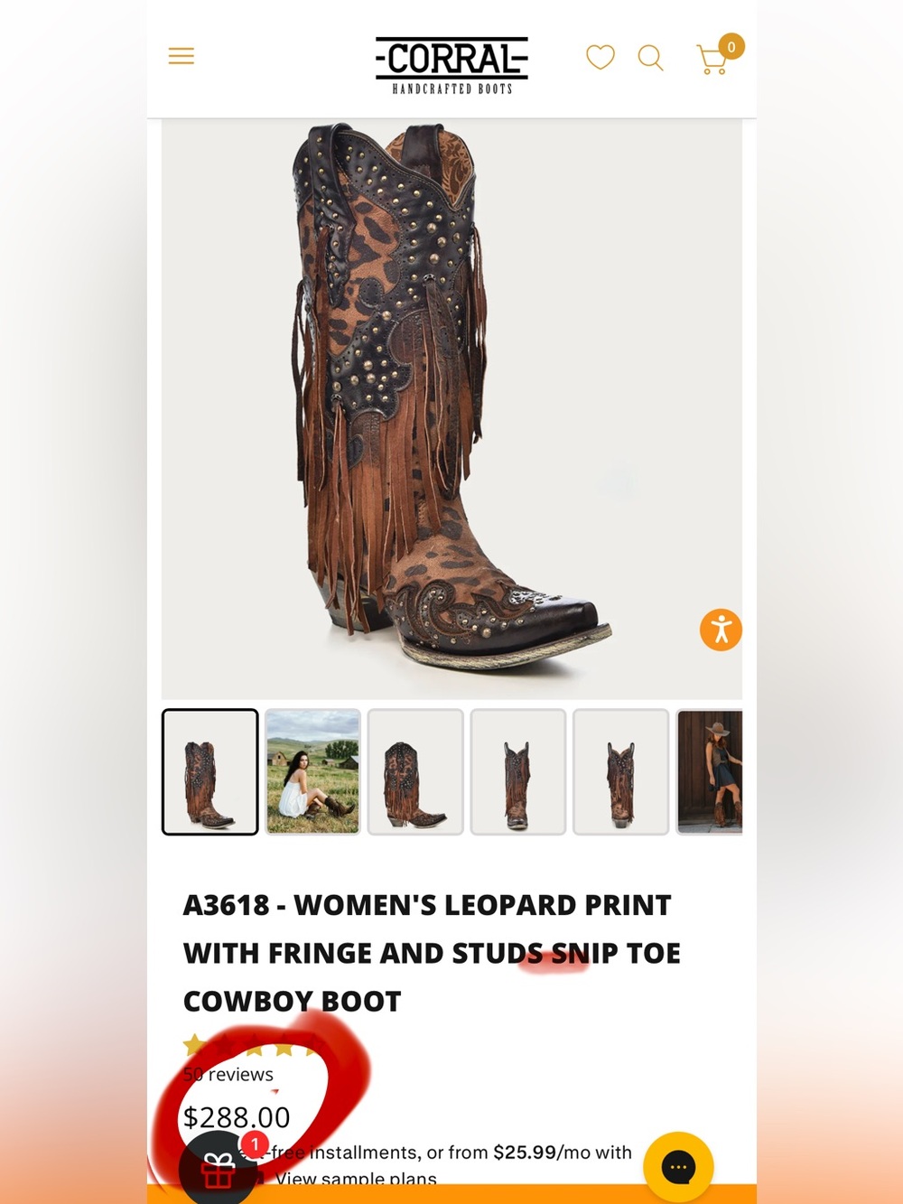 Corral Brown Leopard Print Fringe Studded Snip Toe Cowboy Boots